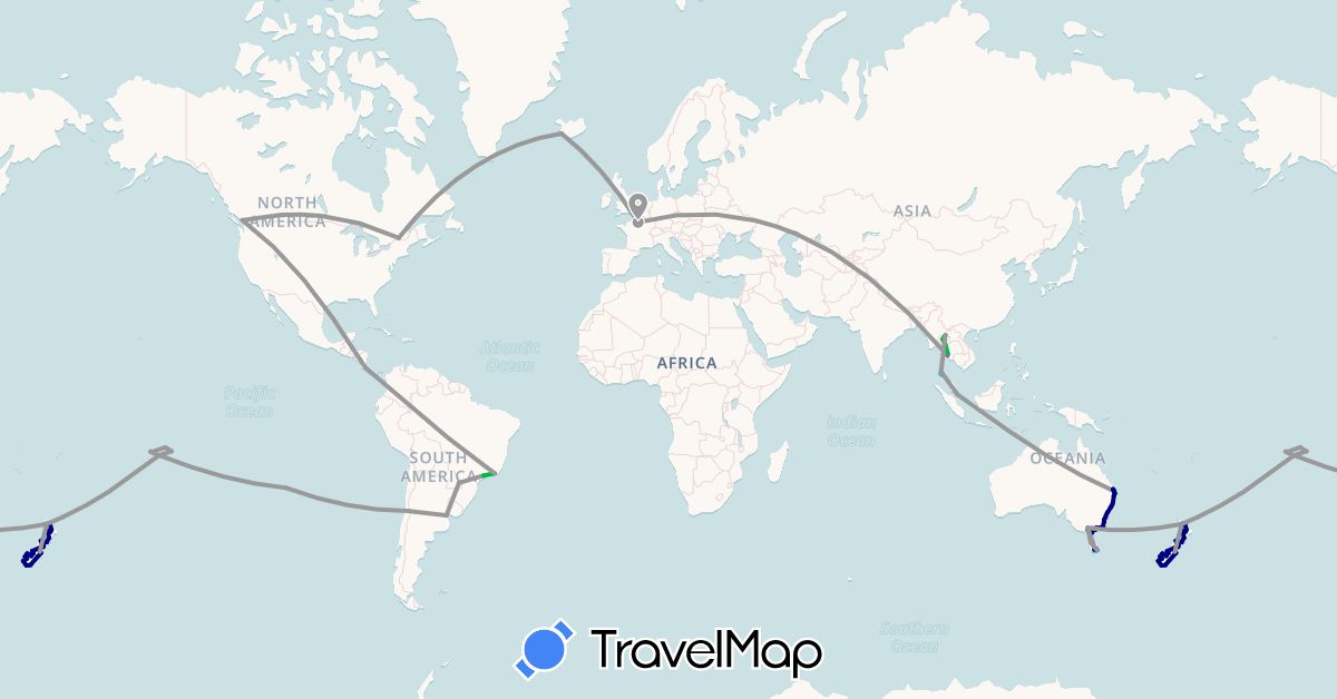 TravelMap itinerary: driving, bus, plane, train, boat in Argentina, Australia, Brazil, Canada, Chile, Costa Rica, France, Iceland, New Zealand, French Polynesia, Singapore, Thailand (Asia, Europe, North America, Oceania, South America)